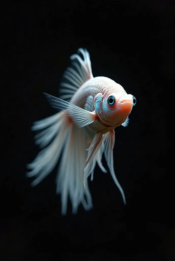 A white healthy betta fish with blue eyes and a white unhealthy betta fish swimming.. background should be plain black.. the fish should be realistic and also a bit slim