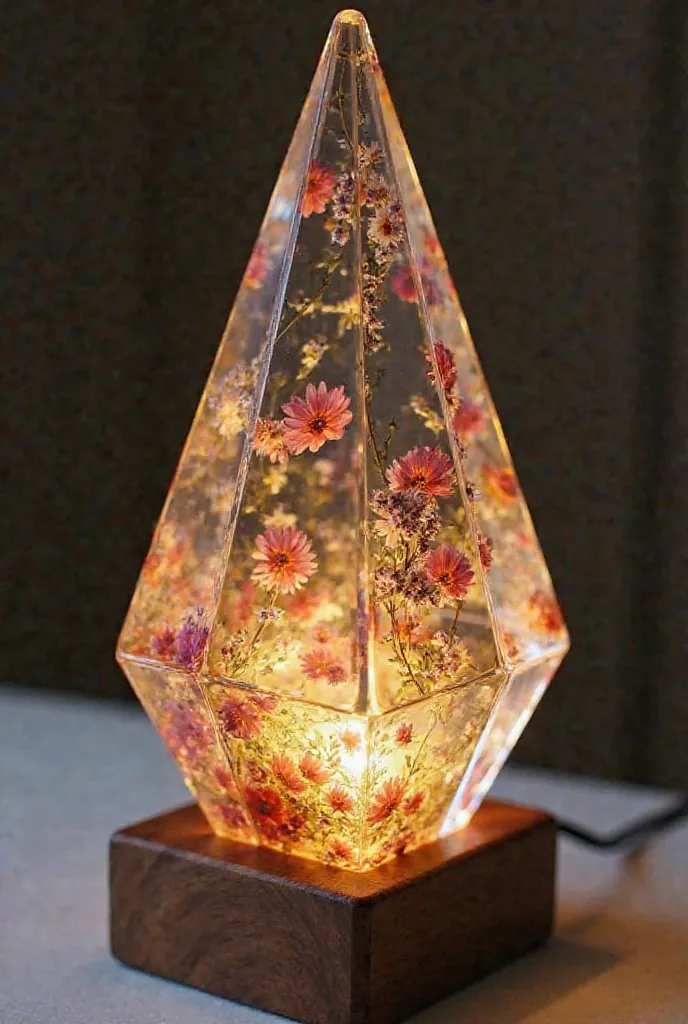 "A unique prism-shaped transparent resin lamp with embedded warm LED lights. Inside, real dried roses, lavender, and tiny daisy petals float elegantly, preserved in high-quality clear epoxy resin. The soft glow highlights the delicate floral details, creat...