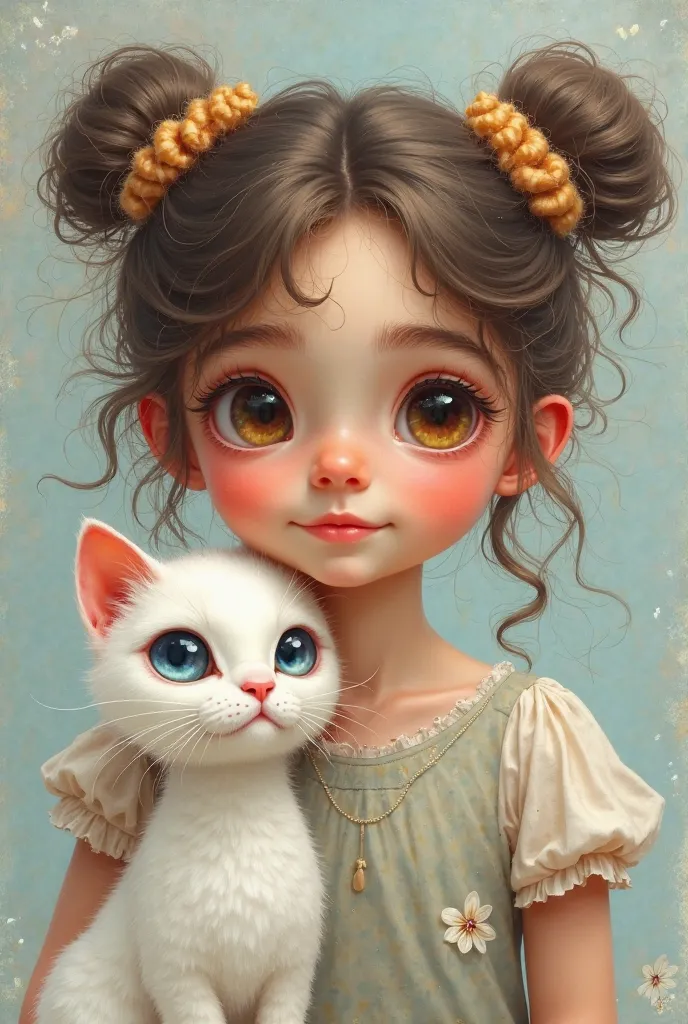 A girl with curlers and brown eyes with her white cat who has a blue eye and a yellow eye 