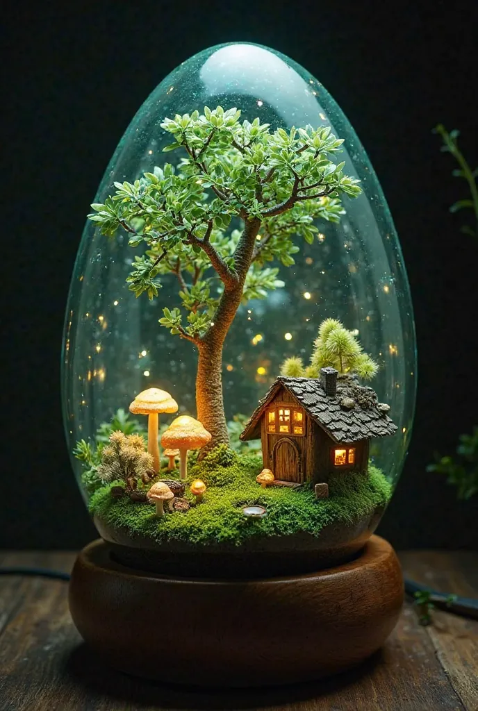 "A mystical oval-shaped transparent resin lamp with embedded LED lights, encapsulating a miniature enchanted forest. Inside, tiny glowing mushrooms, bonsai trees, and a fairy house with minuscule illuminated windows create a magical atmosphere. The resin h...