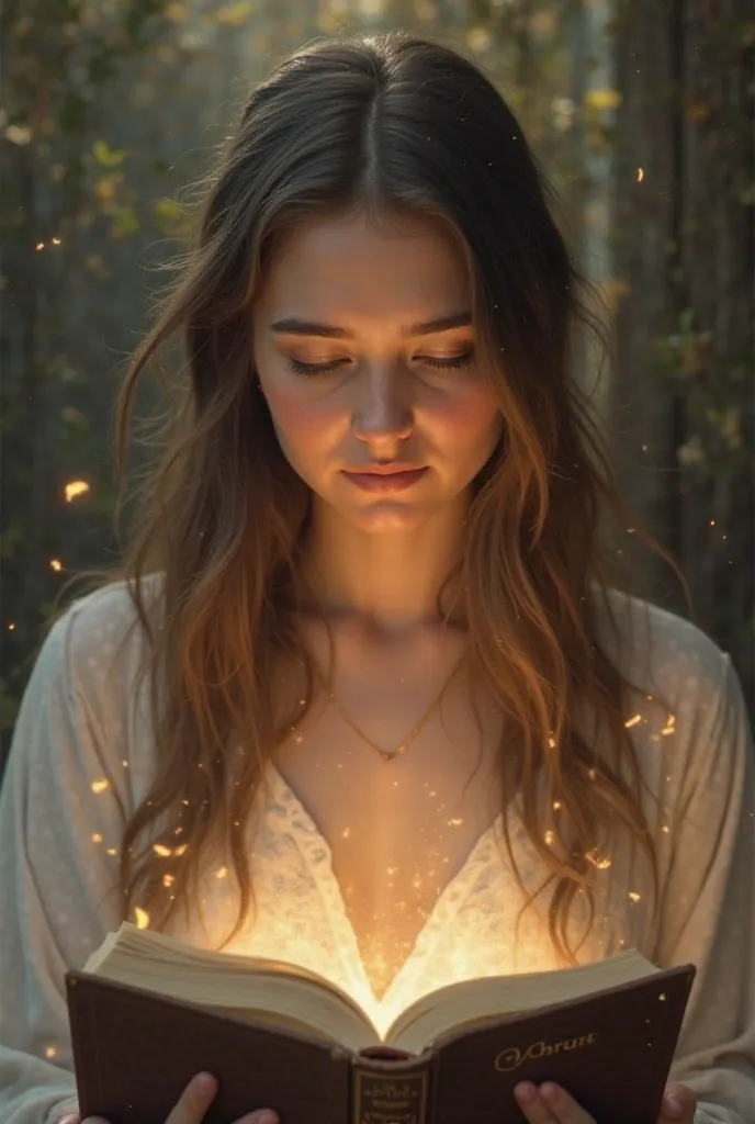 a brunette girl, Straight hair, that when you contemplate with your eyes the word of the Bible your heart is transformed and transformed into the image and likeness of Jesus Christ