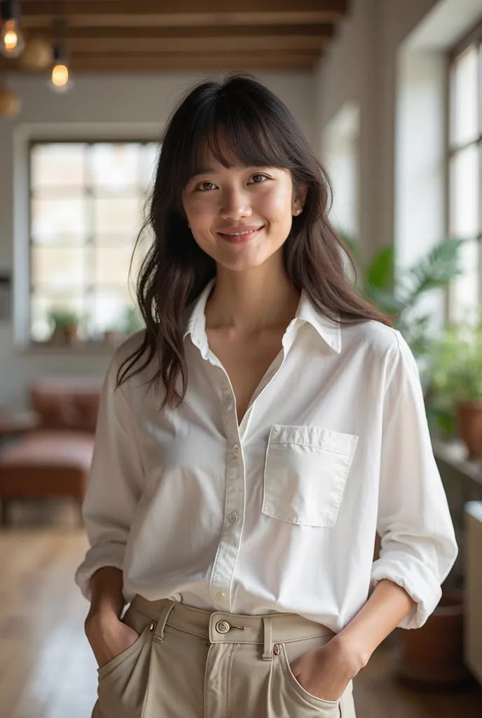 RAW Photo, DSLR BREAK a young woman with bangs, (light smile:0.8), (smile:0.5), wearing relaxed shirt and trousers, causal clothes, (looking at viewer), focused, (modern and cozy office space), design agency office, spacious and open office, Scandinavian d...