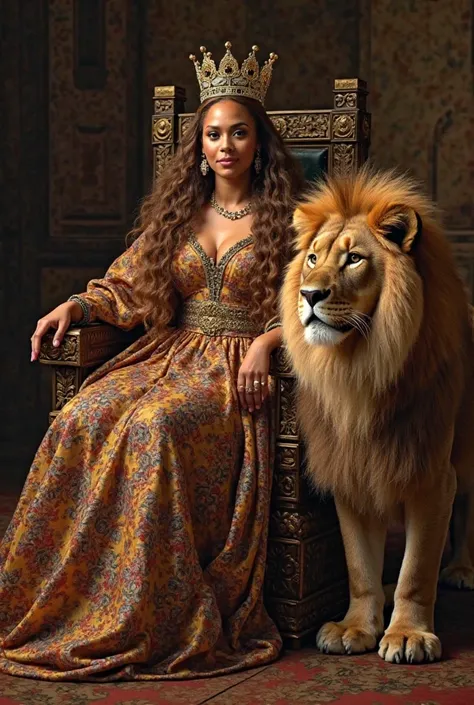 Queen Beyoncé sat poised and majestic on her throne, a crown gleaming atop her head, the intricate patterns of her medieval-style robes flowing around her with regal grace. Her presence radiated both authority and elegance, commanding the room without a wo...