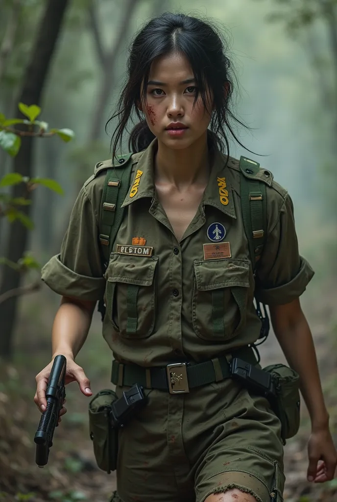 Thai female soldier in military uniform, torn (1:2 ripped), holding an AA12 shotgun, zombies of doom, clothes still have blood, hair messy like in the forest, running away from zombies, middle chest, intricate details, old abandoned building in Yaowarat, 8...