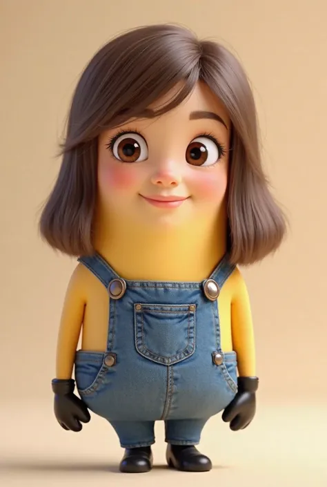 A girl minion with brown straight long hair more girly,clean and short