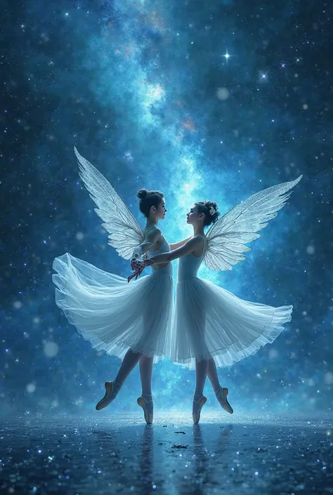 A blue Galaxy background with wings on the couple ballet