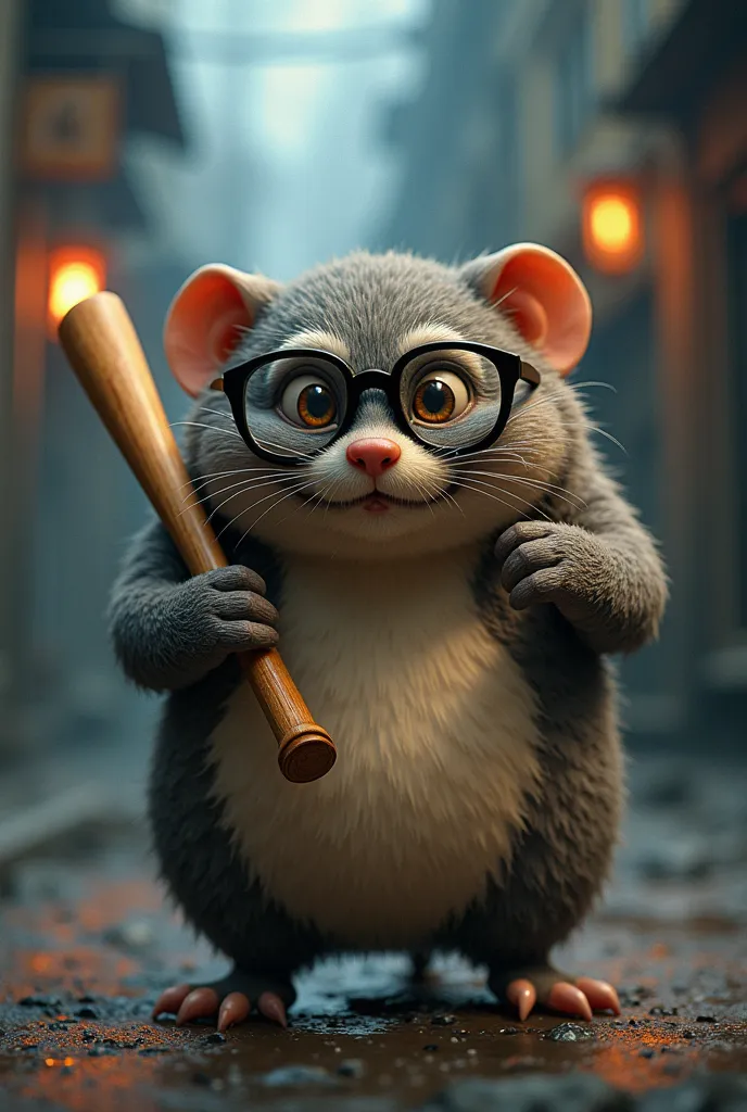 A mole has glasses,voyou  , a baseball bat in his hand funny humor Pixar full body seen from a distance setting dark and dangerous street 