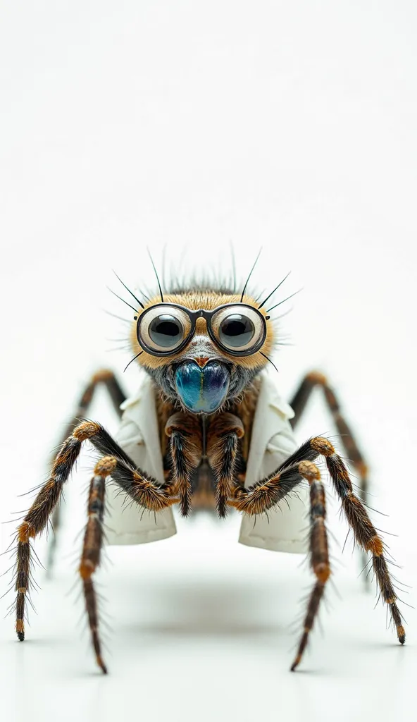 "Create an animation featuring a brilliant spider scientist set against an isolated white background. The spider, outfitted in a miniature lab coat and glasses, conducts innovative experiments in a sleek, minimalist laboratory where the stark white setting...