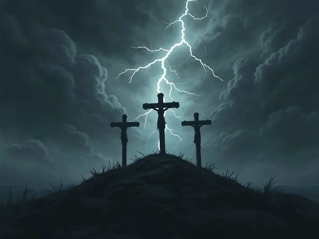 A haunting depiction of Golgotha, the place of the skull, under a dark, stormy sky. Three crosses stand ominously on a hill, as lightning crackles in the background.