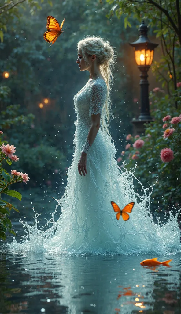 A mystical woman made of water, stands gracefully in the middle of a garden illuminated by twilight light. Her transparent body flows like a river, with hair gently drifting like a wave of water. Her dress is made of splashes of water that coalesce with a ...