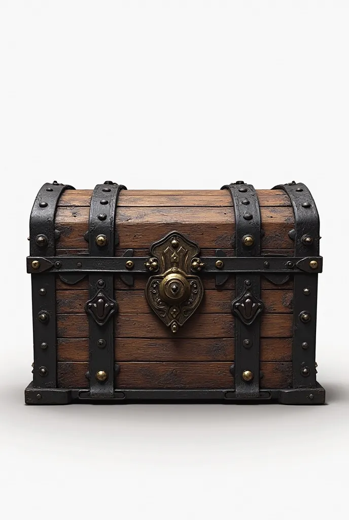 *"A detailed and realistic treasure chest seen directly from the front. The chest is made of dark wood with visible texture and reinforced with black metal bands adorned with gold rivets. It has an ornate lock in the center with an antique design and two s...