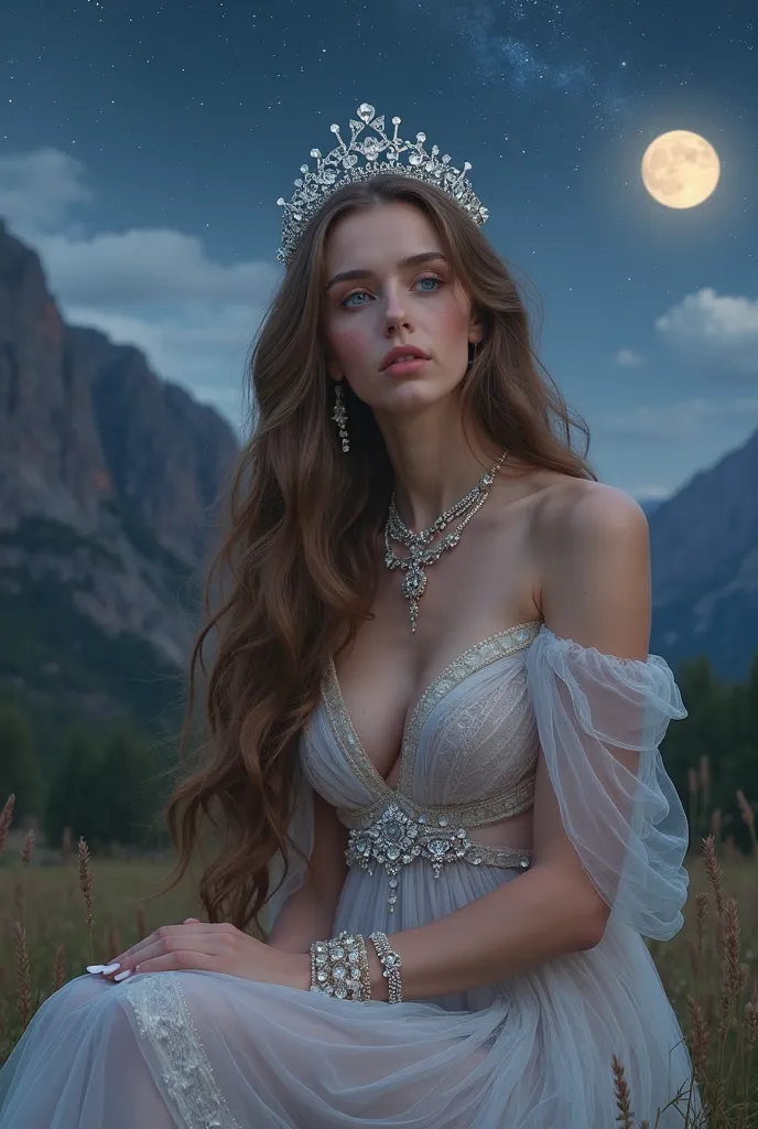 Tall beautiful goddess, very long light brown wavy hair,  dark blue eyes, long lashes, seagull eyebrows ,  straight and thin nose,   lips with a bow - medium plump, dressed in a transparent platinum-colored dress with rhinestones,   lush breasts,   on the ...