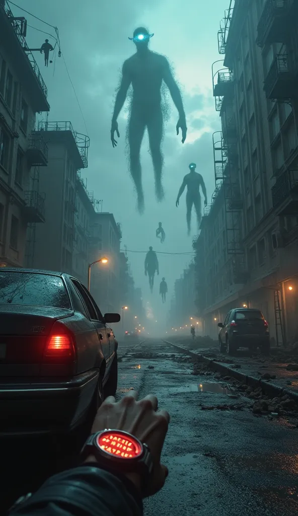 A first-person view of an urban setting immersed in chaos, with destroyed streets and dimly blinking light poles. in the center of the image, distorted humanoid shadows emerge from a dimensional rift in the sky, its dark, elongated shapes floating in the a...