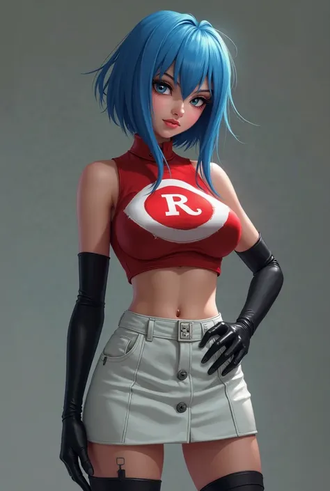 masterpiece,(best quality:1.2),girl,haircut,team rocket,team rocket uniform,white skirt,red letter R,crop top,black thigh-highs,black elbow gloves,blue hair, vixenp tiktoker, erotic