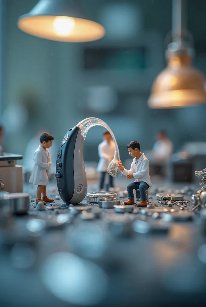 Hyperrealistic macro photo of the Oticon hearing aid, which very tiny people in white coats are working on. Miniature people assemble a hearing aid from spare parts. background is blurred, creating a depth effect. 8k resolution, surround lighting, depth of...