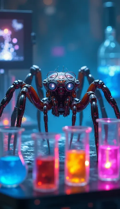 "A highly detailed animation of a scientist spider in a futuristic laboratory. The spider has mechanical limbs and wears tiny glasses, carefully analyzing glowing test tubes filled with colorful liquids. The lab is filled with advanced scientific equipment...