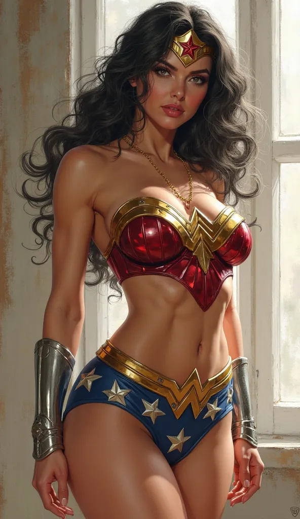 Wonder Woman super sensual, semi-nude and with many curves, big breasts, thin waist and thick thighs, ultra-realistic image in very sexy poses