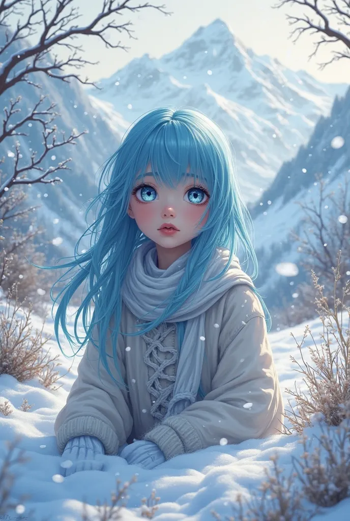 A girl with beautiful blue hair is in the winter season