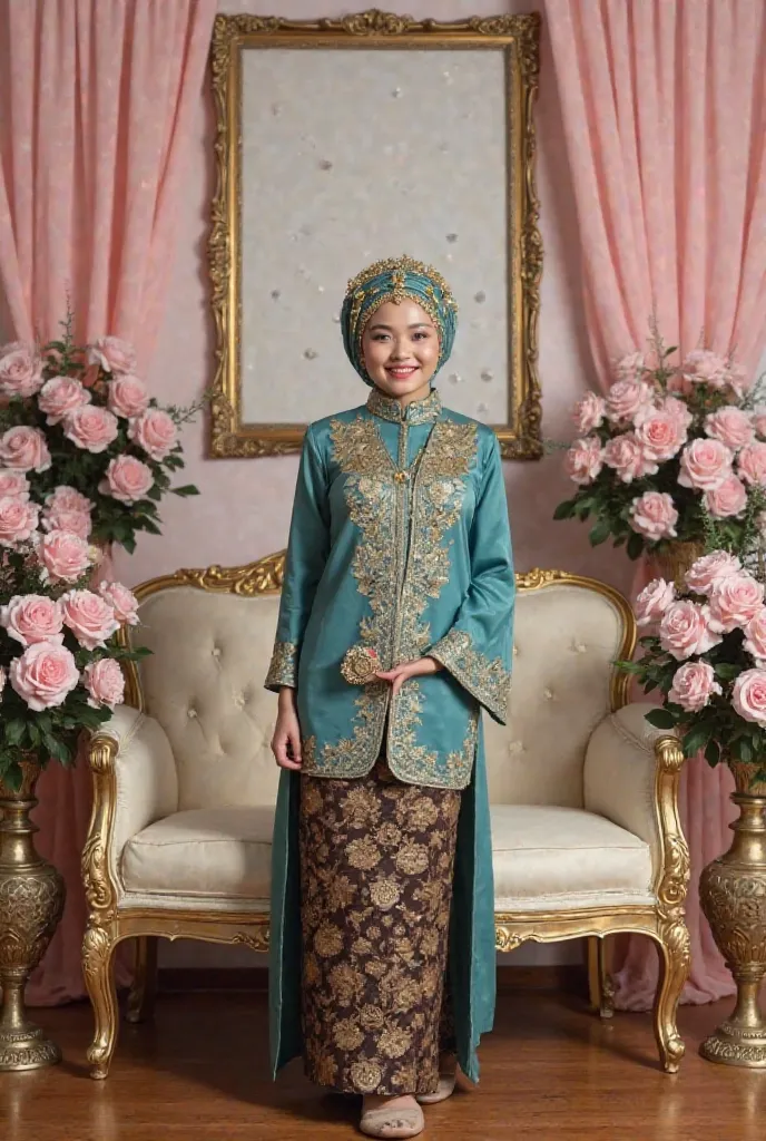 A woman in a traditional Indonesian (likely Javanese or Sundanese) teal-colored kebaya and batik skirt.  Hyperrealistic style.  The woman is posed in a studio setting with a soft, pastel-pink backdrop behind her, accented by sheer drapes.  Gold ornate pict...