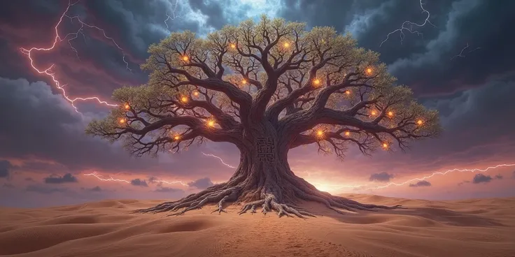 Amidst a vast, surreal desert of shifting sands, a colossal, ancient tree stands alone at the center of the barren landscape. Its trunk is as wide as a mountain, covered in glowing, runic symbols that pulse with energy. The tree's branches stretch up into ...