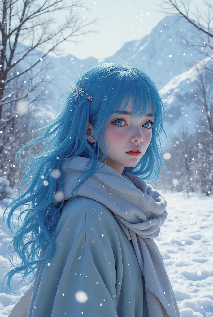 A girl with beautiful blue hair is in the winter season