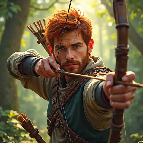 portrait d'un jaune archer roux, la vingtaine, avec une barbe de quelques jours tirant à l'arc dans une forest avec des rayons de soleil,better qualities,photographie de portrait,extreme details,4K,hdr,studio lighting,ultra-fine details,physically-based re...