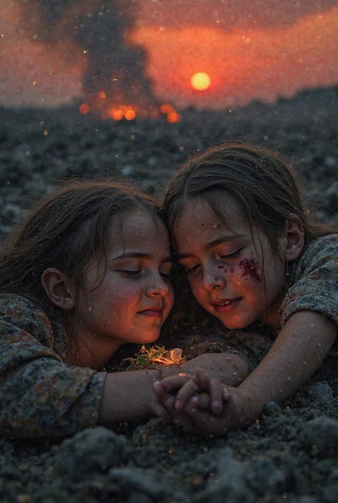 "A heartbreaking scene of a young boy and girl in their final moments, lying together in a desolate battlefield. The boy, bruised and bleeding, holds the girl's hand tightly as tears stream down his face. The girl, with fading breath, looks at him with sor...