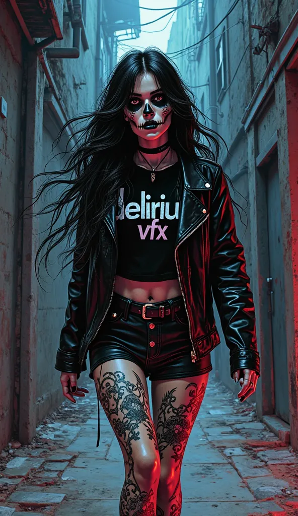 Horror comic style illustration, in pencil and ink, red, black and blue, of a beautiful female rocker skull wearing a black t-shirt that says: DELIRIUM VFX. Long black hair, lots of tattoos, a black leather rocker jacket, black rocker outfit, dancing rap i...