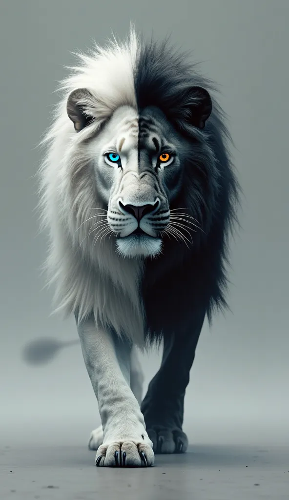 
1d
A majestic lion with a perfectly split coat, one half pure white and the other deep black, strides confidently toward the viewer, exuding an aura of balance and power. Its thick mane mirrors this striking contrast, seamlessly transitioning from flowing...