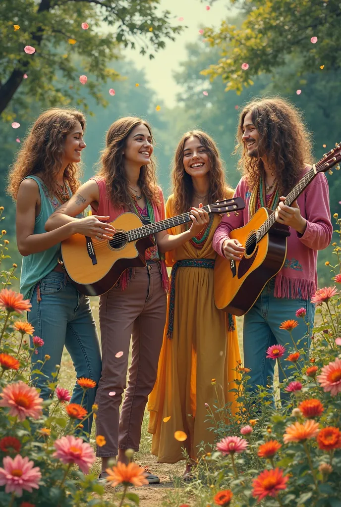 Create an image of young hippies in a flowery garden playing the guitar in the 1960s