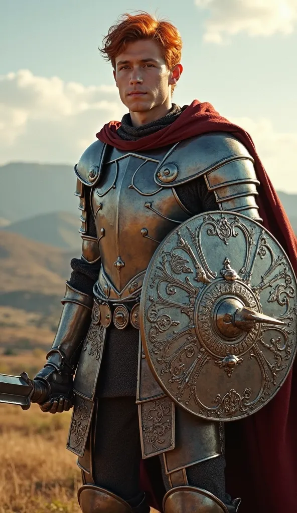 Young guy, armor, red hair,  without beard, big shield,  is worth, panache