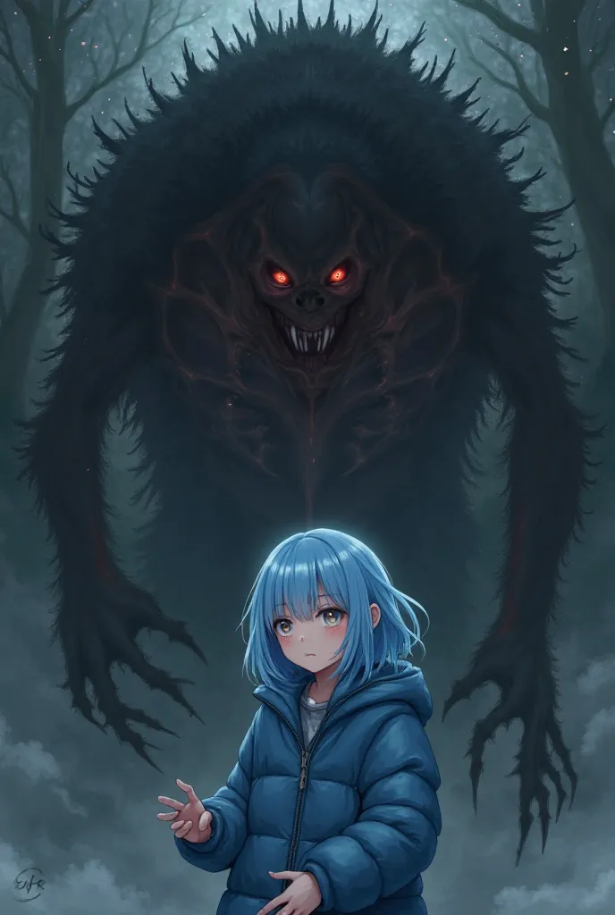 A beautiful anime girl in a blue down jacket was captured by a monster