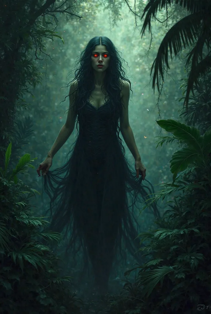 The Blood Hunt: Create a scene where the vampire is on a hunt. How does she stalk her prey in the darkness of the jungle? What does she sense through her glowing red eyes?