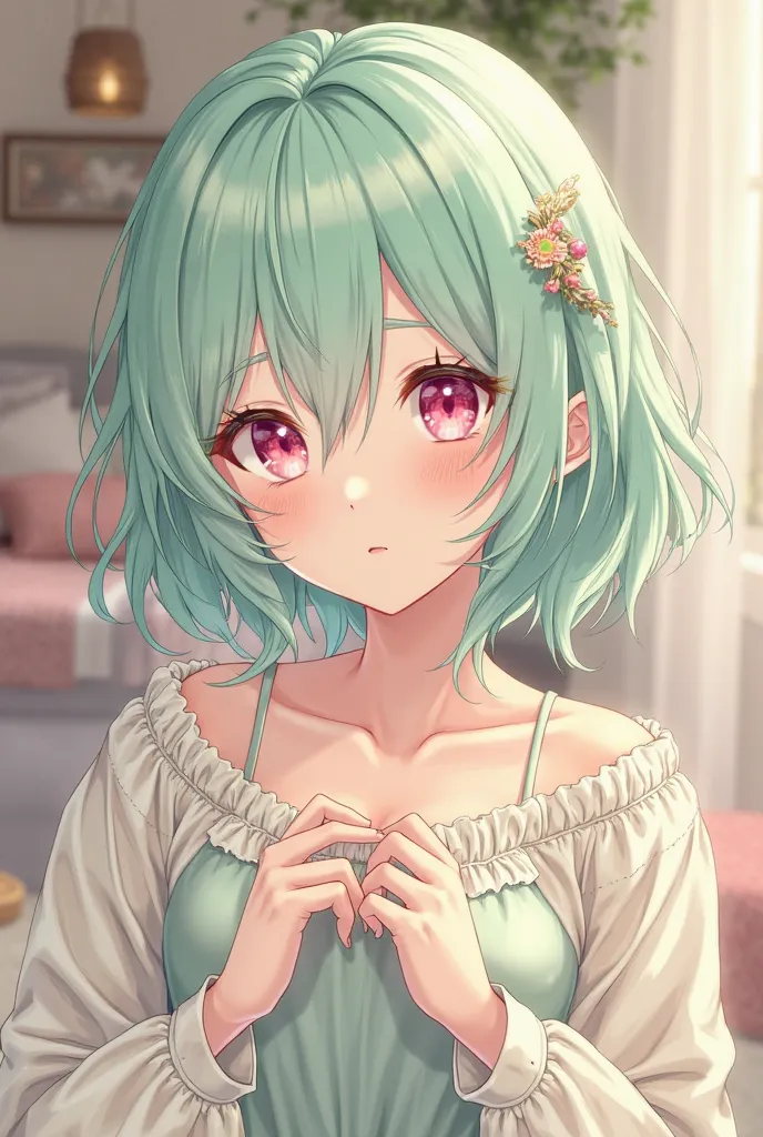 Half-bodied female anime-type character, half body, with layered hair up to the shoulders in mint color, tender pink eyes and cozy white with beige and light green clothes