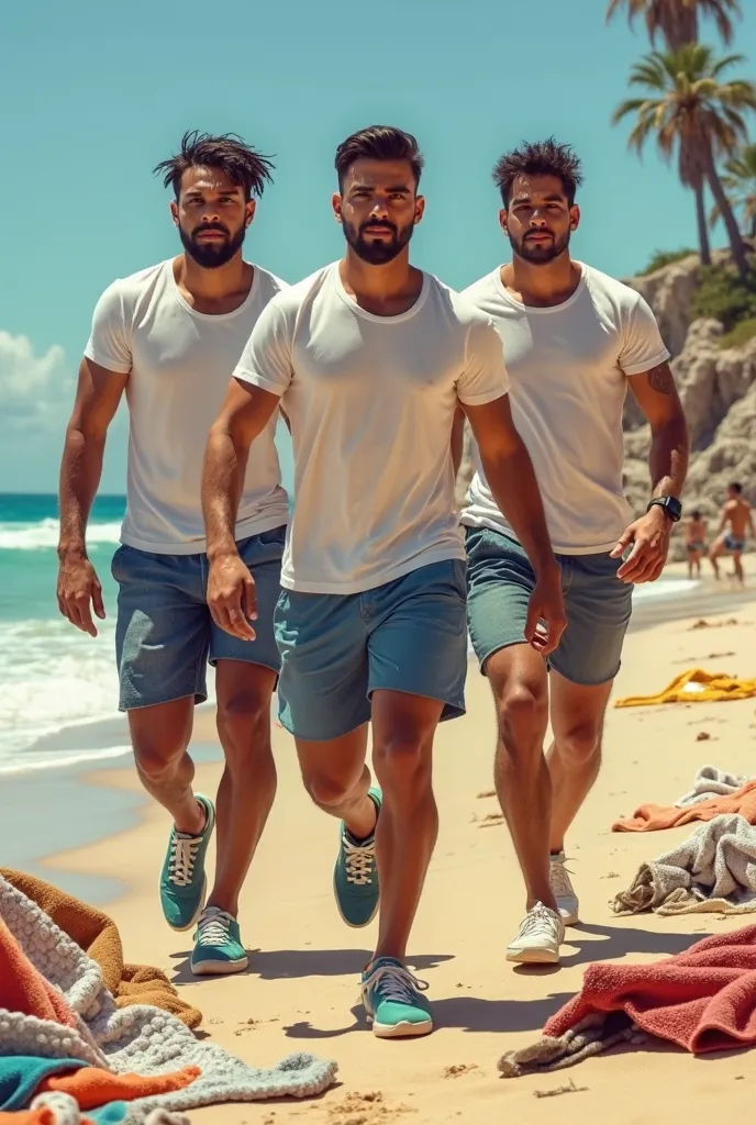 Sur la plage, trois jeunes hommes sportifs maghrébins, marchent sur les serviettes de plage des autres vacanciers laissées sur la plage. Les serviettes chiffonnées sous leurs pieds.