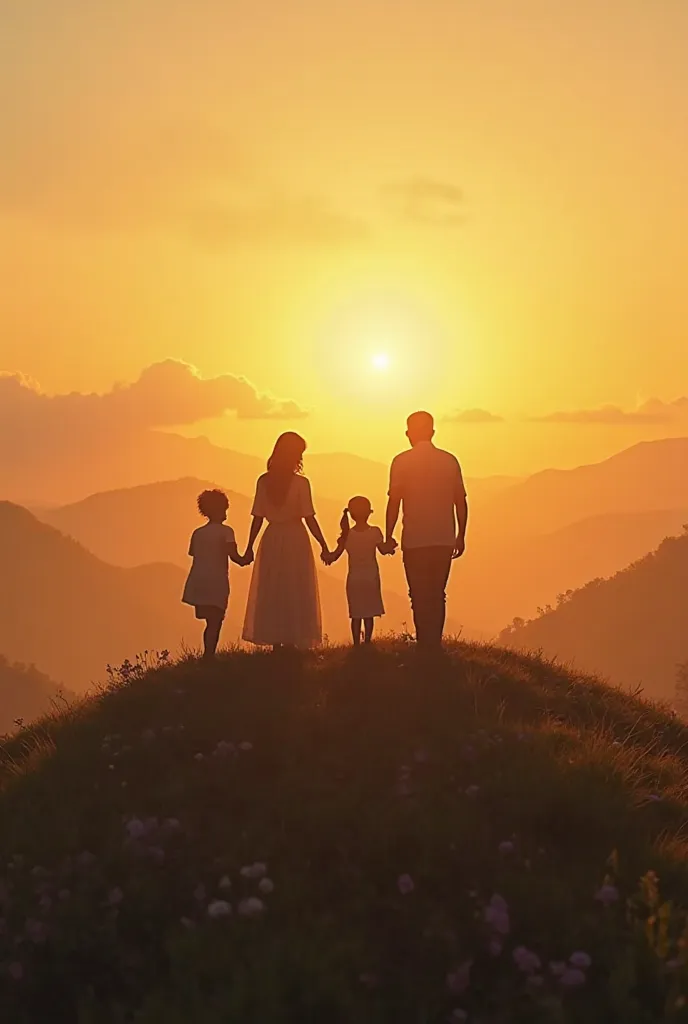 A woman with her family praying on top of a hill, with the golden dawn sky in the background, symbolizing the new beginning and trust in God.