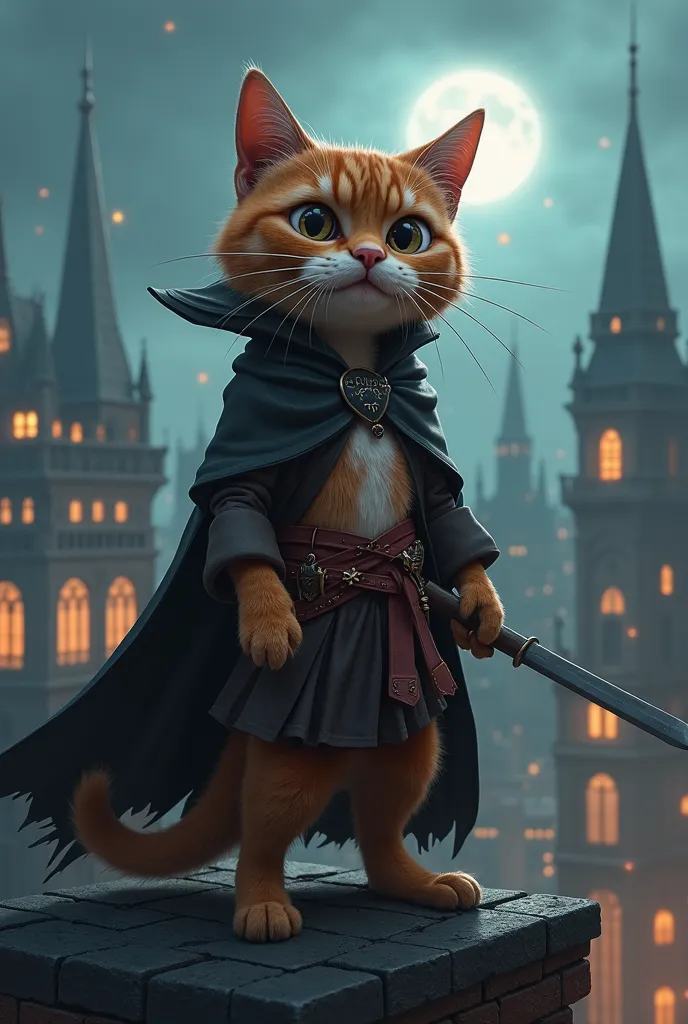 Un chat voyou pirate avec une cape noire,une jambe de bois  ,, un sabrea la main drôle humour pixar corps entier vu de loin  décor  un toit de Ville sombre et dangereuse 