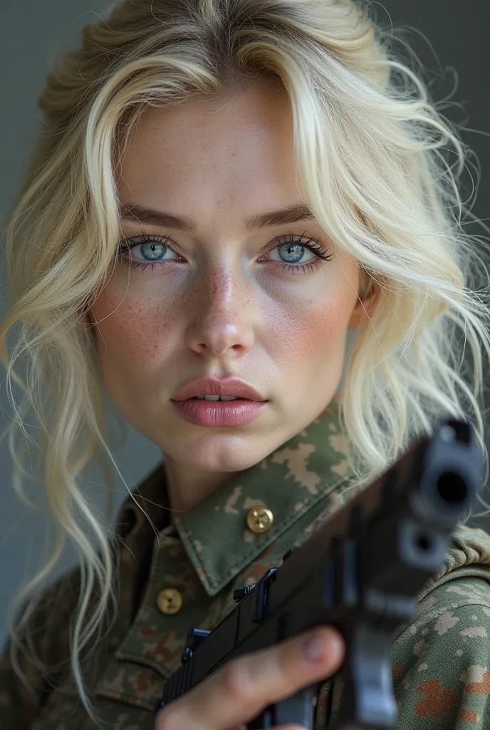 Create a woman with almost white but golden blonde hair and electric blue eyes whose skin is very white and pale, his pink lips and that it is realistic that he is a military man and has a gun in his right hand 