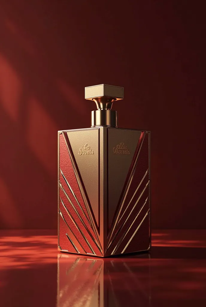 Develop a classic, Art Deco-inspired perfume packaging for 'La'Scents' with metallic accents, geometric shapes, and a luxurious feel.