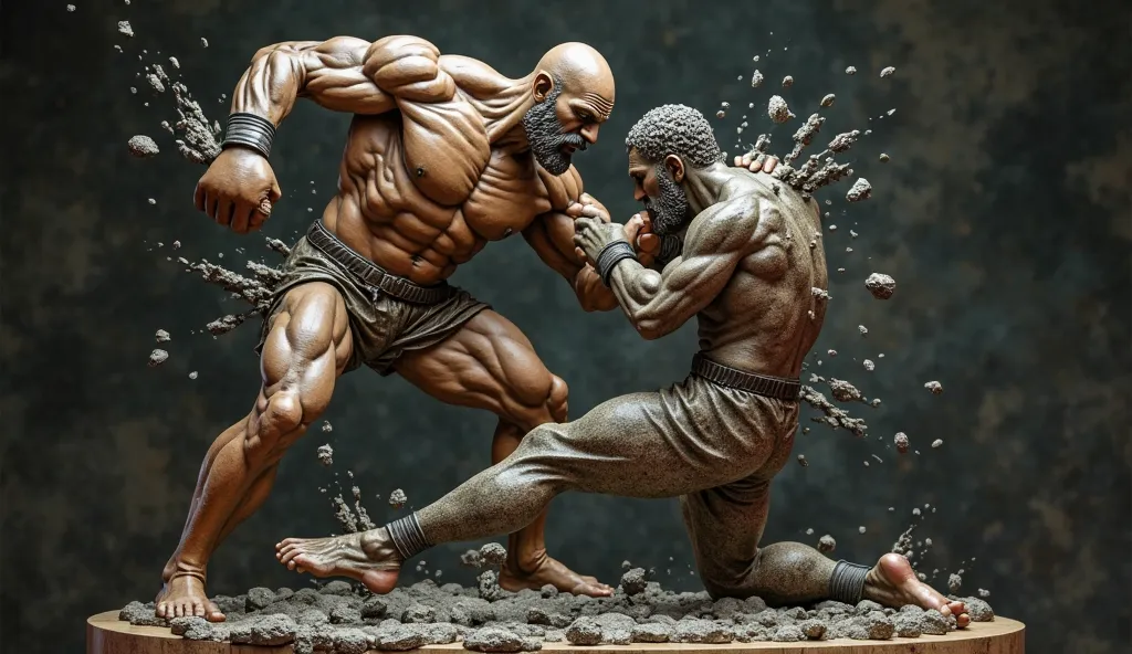 A highly detailed, dramatic statue of a muscular philosopher, boxer repeatedly gets knocked down during sparring.