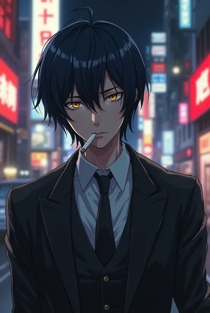 a man (( 25 years)) Yakuza who is walking through the streets of Japan's red light district smoking a cigarette ((black suit without tie)) anime style ((navy blue hair and bangs that cover her eye)) Close-up with epic angle. (( yellow eyes with a scar on t...