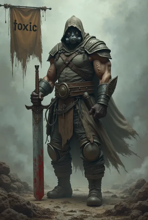  In the foreground is a warrior. The warrior wears a gas mask on his face and holds a bloody sword in his right hand. There is a banner next to him that says "toxic". around the gloomy and to reinforce the exciting atmosphere of the picture.