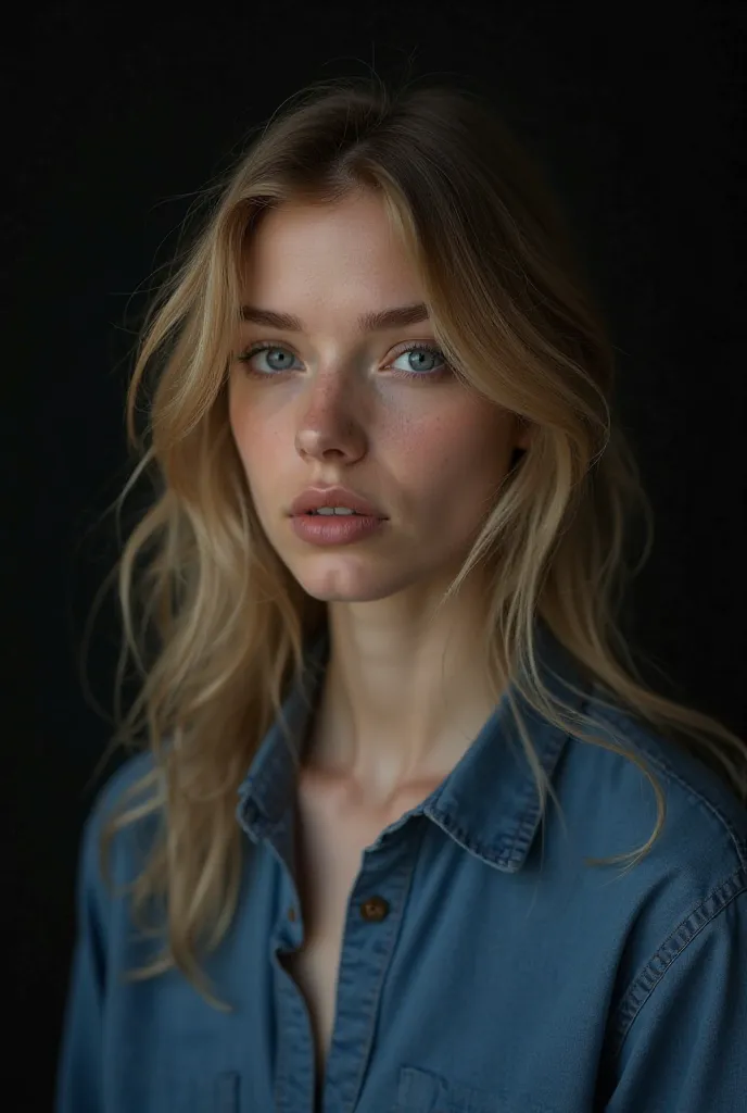 28-year-old woman in a blond blue shirt with blue eyes and loose hair, with a black background.