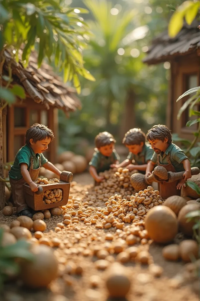 Create a smooth cinematic animation of this mini walnut workplace. The tiny workers move realistically -- one man operates a battering device, causing the tiny walnut shards to come off, while others swing the hammer, breaks the shell with each blow. The g...