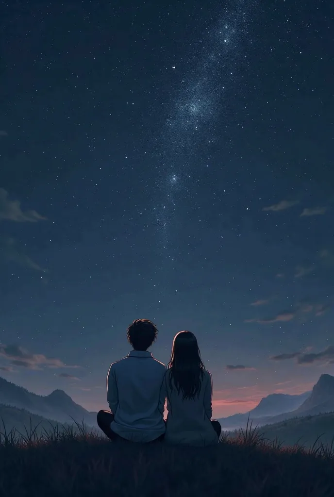 Two lovers sitting with their backs turned looking at the stars get romontic real image please