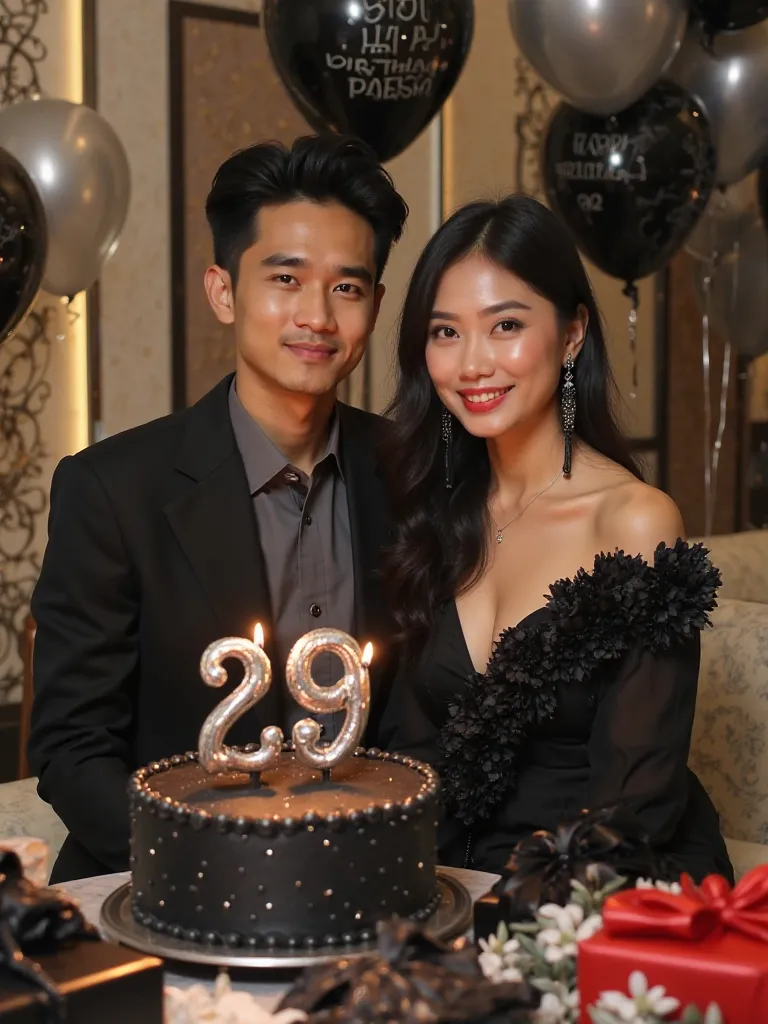 A young Asian couple celebrates their birthday in a room decorated with black and silver balloons and balloons that say "HAPPY BIRTHDAY POETRA" with black balloons in the background. 

The man has neatly arranged black hair and is wearing a black suit with...