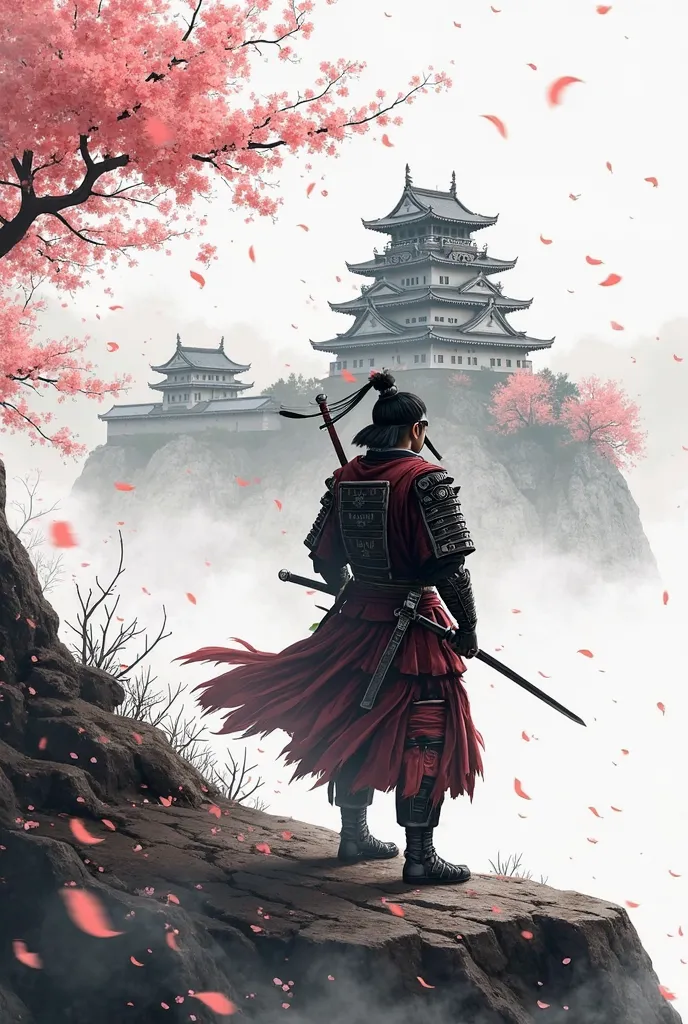 a samurai is standing with a sword in a sheath, in the distance, a samurai castle painted in ink, cherry blossoms everywhere, all on a white background