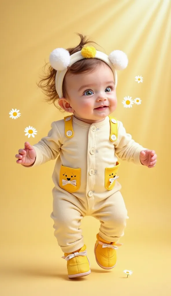 A cute baby girl with big green eyes and light freckles, giggling as she tries to balance. She’s wearing a pastel yellow and soft white onesie with daisy-shaped cream buttons. The outfit has two yellow pockets with embroidered sun faces, decorated with tin...