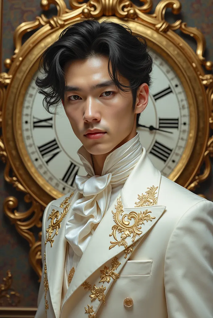 a close up of a man in a white suit and a gold clock, a detailed painting by Yang J, trending on pixiv, rococo, delicate androgynous prince, beautiful androgynous prince, handsome guy in demon slayer art, clothed in ancient suit, focus on art nouveau suit,...