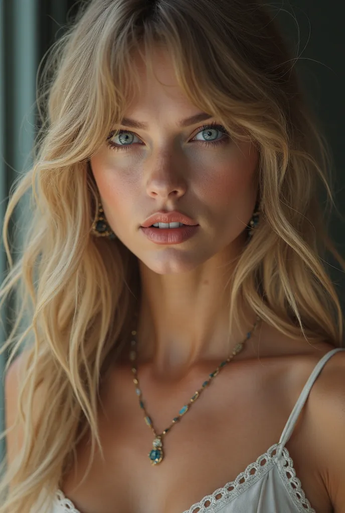 a detailed portrait of Taylor Swift, with an expressive and captivating facial expression, long wavy blonde hair, piercing blue eyes, detailed facial features, elegant posture, high-quality, professional, cinematic lighting, intricate skin texture, photore...